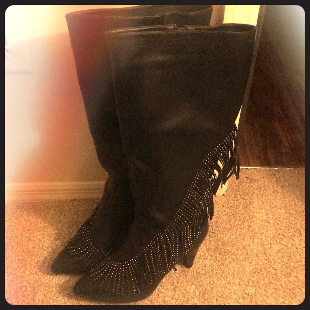 Black knee high faux leather boots with fringe